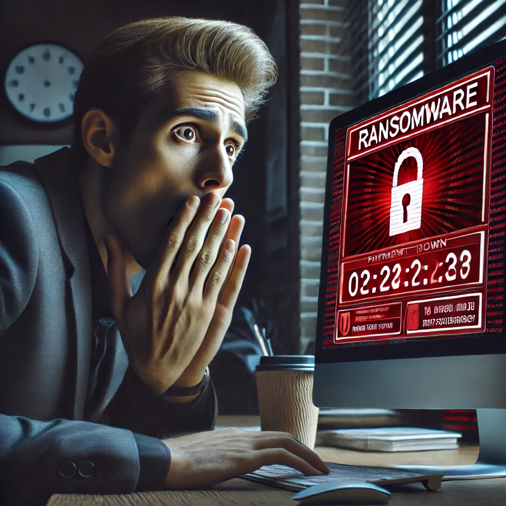 "Shocked business owner discovers ransomware attack on their computer, highlighting the importance of cybersecurity for SMBs."