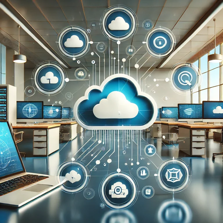 High-tech office setting with multi-cloud infrastructure for SMBs, featuring connected devices and abstract cloud icons inspired by AWS and Azu