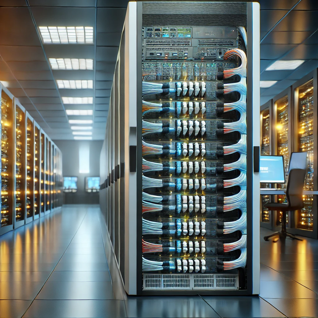 Modern server room featuring a single rack with neatly organized, color-coded network cabling and intelligent smart patch panels. The clean and high-tech environment emphasizes precision, scalability, and innovation in structured cabling.