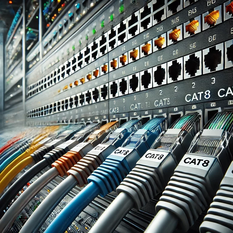 Close-up of neatly arranged, color-coded CAT8 cables connected to an intelligent patch panel, showcasing advanced shielding, durability, and precision in a professional environment.