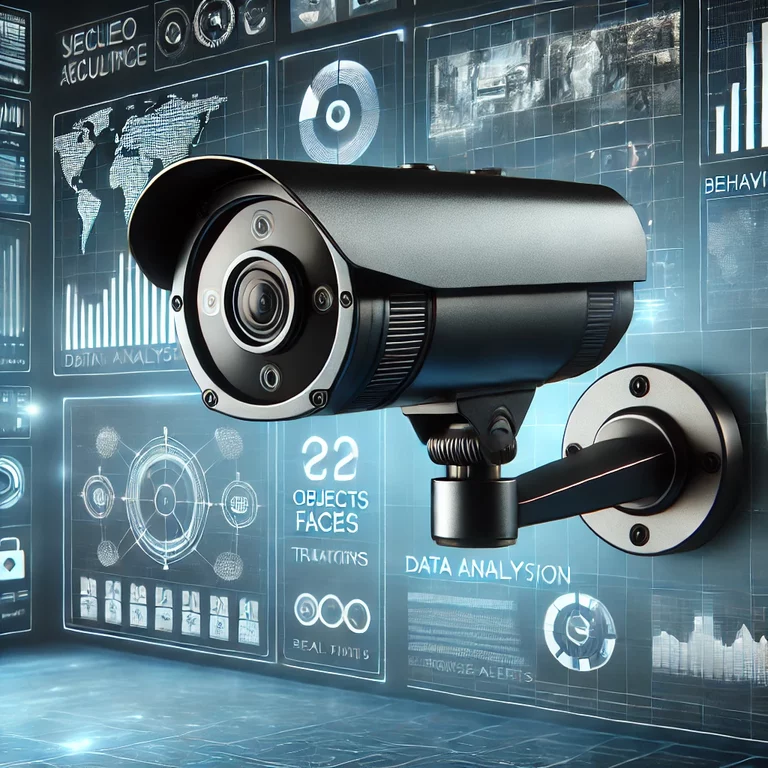 High-tech security camera equipped with advanced analytics, mounted in a clean, professional environment. The image highlights capabilities like object detection, facial recognition, and real-time data analysis.