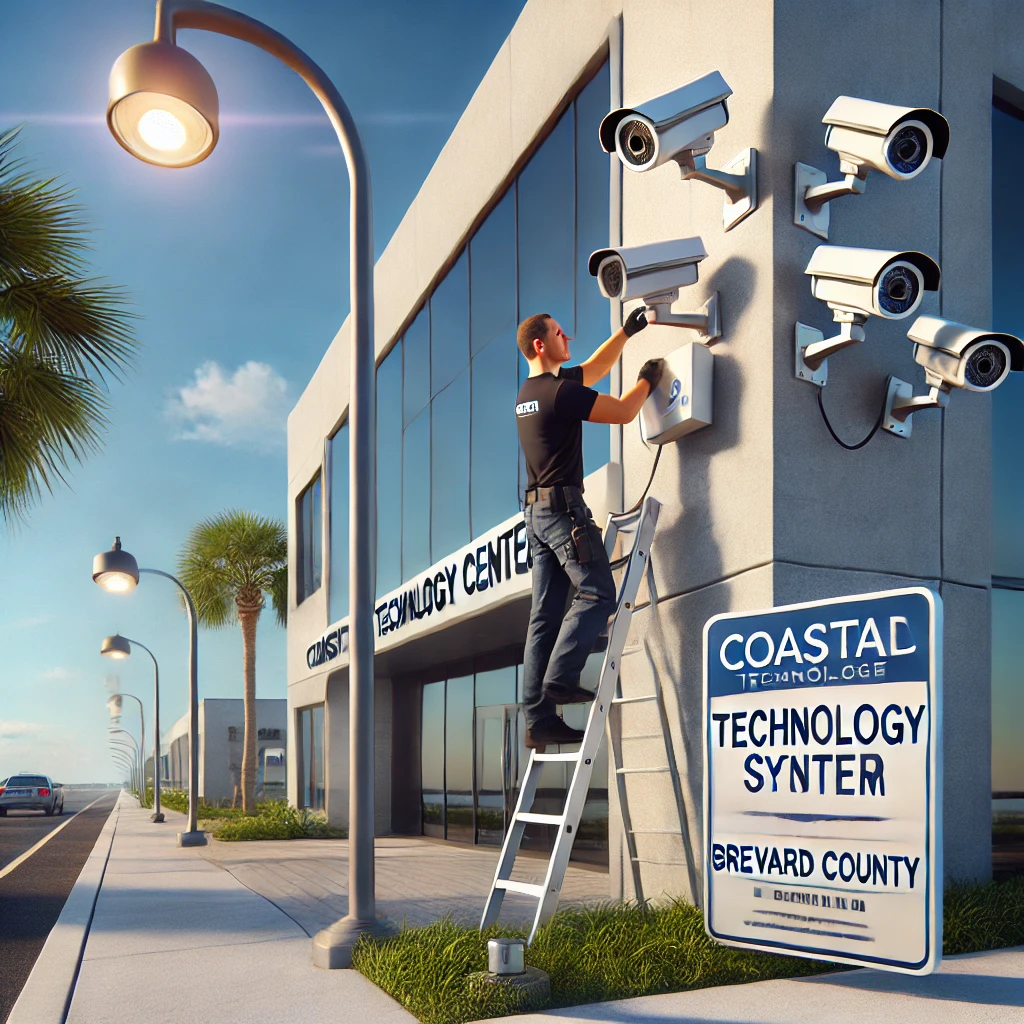 Technician installing a modern video security system on a commercial building in Brevard County, Florida, with palm trees and a clear sky in the background.