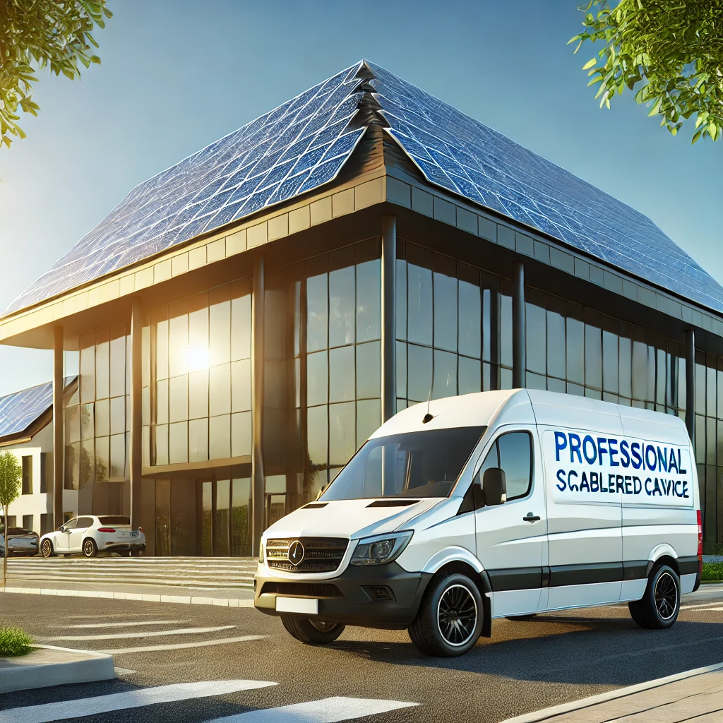 "Modern building with solar panels on the roof and a clean, unmarked cabling van parked outside, emphasizing renewable energy and structured cabling services."