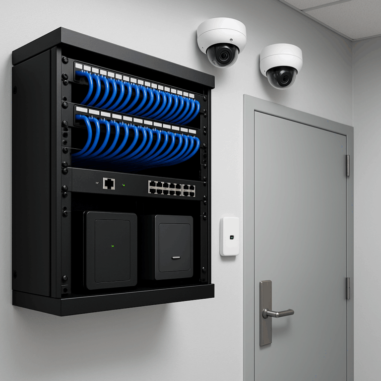 Unified network and security rack installation by Digital Systems Integration in Melbourne FL.