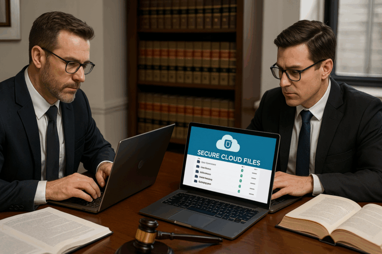 “Legal team in Brevard County collaborating securely using managed cloud file services.”
